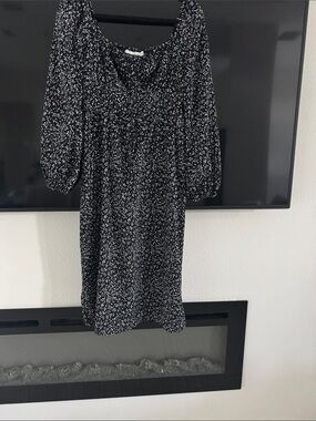 All in Favor Black Dress with White Scatter Print and Puff Sleeves